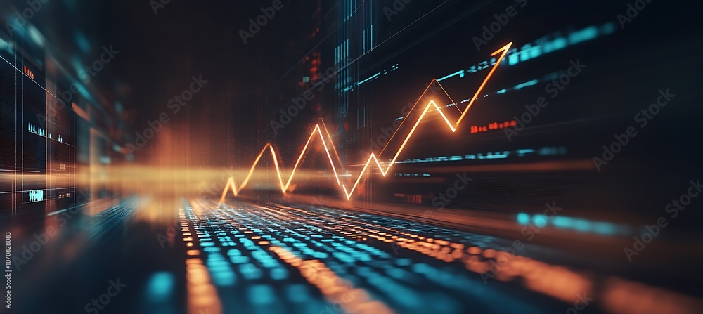Poster a conceptual image of a digital interface showing a business growth chart with an upward arrow and g