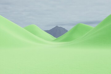 Minimalistic Abstract Green Landscape with Wavy Hills and a Distant Mountain