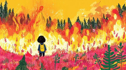 Obraz premium A young explorer stands in awe before the fiery landscape of a forest fire contemplating nature's fury