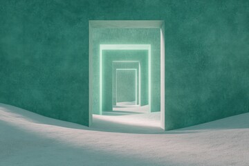 Archway Corridor with Teal Walls and Infinite Perspective Abstract 3D Render