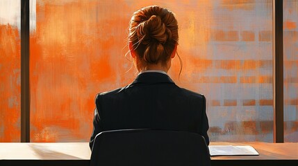 Businesswoman seated in an office, seen from the back