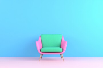 A stylish modern armchair with a pink and green color scheme, set against a vibrant blue wall. The floor is a soft pink, creating a playful and inviting atmosphere