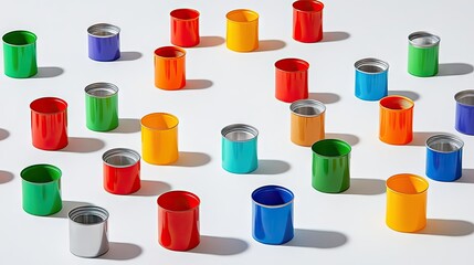 Tin cans and vibrant plastic caps on a flat surface, arranged to highlight the importance of sustainable waste disposal.