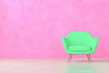 Modern Green Armchair with Wooden Legs, Set Against a Soft Pink Wall and Floor, Creating a Calm and Minimalist Aesthetic