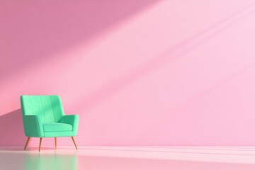 Mint Green Armchair Against Pink Wall with Sunlight Minimalist Interior Design  