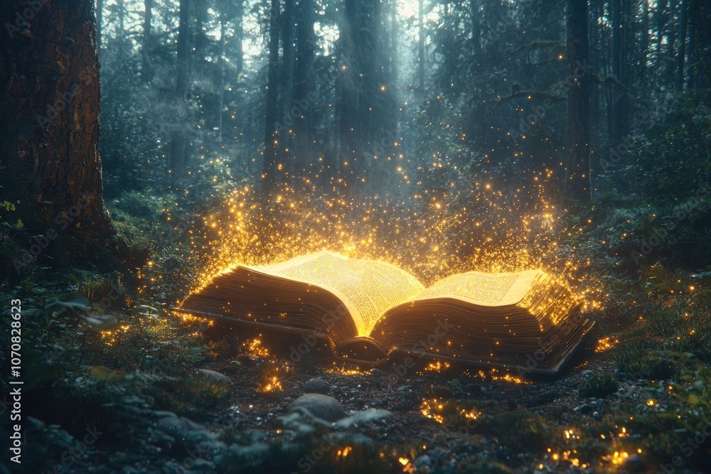 Aufkleber an open book glowing with magic in a forest