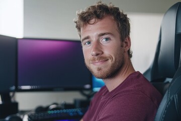 A young man with curly hair and a beard smiles while sitting in a gaming chair in front of dual computer monitors. The setting is modern and tech-oriented, suggesting a gaming or creative workspace