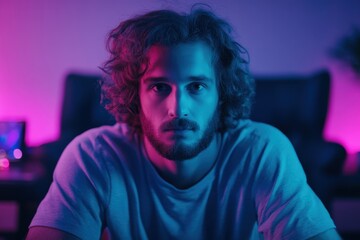 Portrait of a young man with curly hair, illuminated by vibrant neon blue and pink lights, sitting indoors at night, evoking creativity, modern lifestyle, and artistic expression