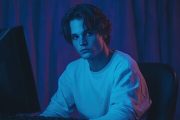 A young man with tousled hair sits in front of a computer, illuminated by blue and purple lighting. He has a serious expression, wearing a white long-sleeve shirt, creating a moody atmosphere