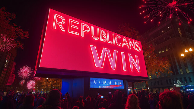 "REPUBLICANS WIN" in dramatic red font over a fireworks display, celebrating a victorious 2024 election.