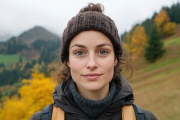 Outdoor portrait of a woman in a scenic autumn landscape, wearing a cozy beanie and jacket, exuding warmth, confidence, and love for nature, with vibrant fall foliage in the background