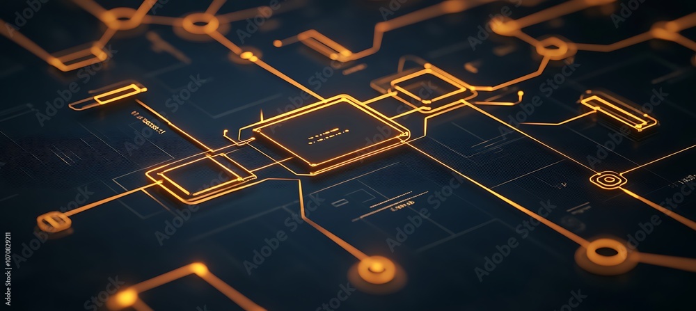 Poster a conceptual image of a digital flowchart representing a business process, with glowing nodes and co