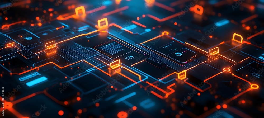 Poster a conceptual image of a digital flowchart representing a business process, with glowing nodes and co