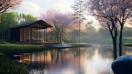 Fototapeta premium A modern cabin with large windows sits on a wooden platform beside a tranquil pond surrounded by blooming cherry trees and lush greenery.