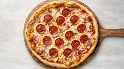 Top view of handmade frozen pepperoni pizza, classic round shape, frosty details, set on a wooden baking board, freeze pizza, handmade, rustic