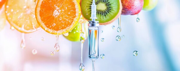 Fresh fruits and vitamin syringe concept, highlighting healthy nutrition and wellness. Vibrant colors evoke vitality and natural goodness.