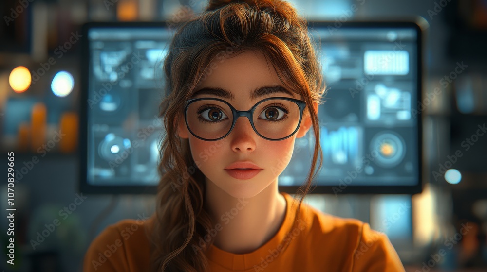Poster virtual assistant avatar guides users in a digital workspace with technology in the background