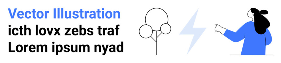 Person in blue pointing at a lightning bolt, alongside a minimalistic tree icon and a placeholder text. Ideal for presentations, technology infographics, instructional design, storytelling, branding