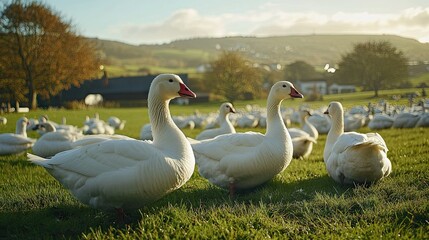 Obraz premium White geese resting on a green field in bright sunlight, with trees and a soft blue sky providing a calm, scenic backdrop.