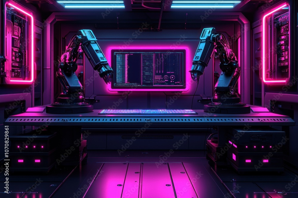 Poster futuristic sci-fi workspace with robotic arms and neon lights