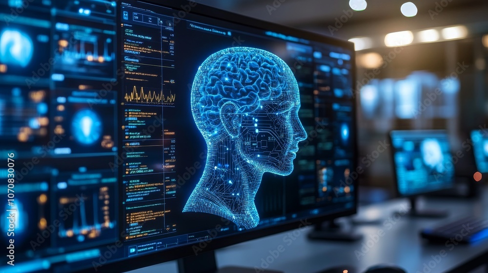 Poster ai virtual assistant shows brain activity on multiple screens in a high-tech setting