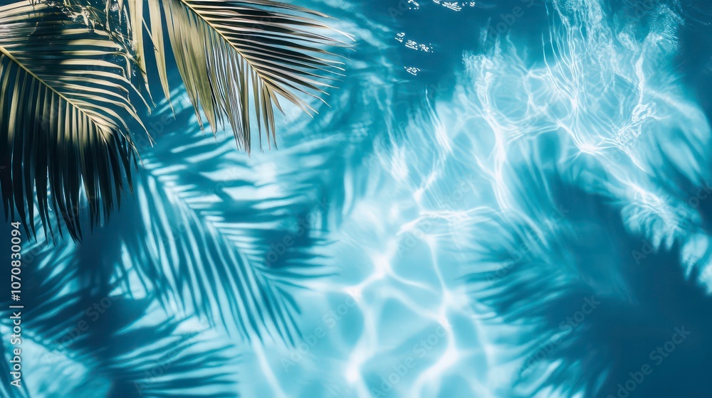 Poster a serene pool scene with palm shadows reflecting on the water surface.