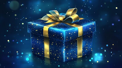 A sparkling blue gift box adorned with a golden ribbon, set against a vivid bokeh background.