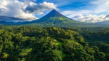 Fototapeta premium A stunning view of Arenal Volcano in Costa Rica, surrounded by lush rainforest and a bright blue sky.