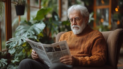 An elderly man with a white beard sits comfortably in a chair, reading a newspaper. He is surrounded by vibrant plants in a sunlit indoor garden during the afternoon.