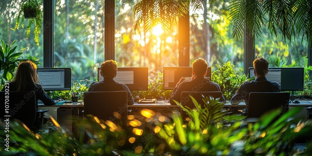 Aufkleber Back view of four people working on computers in an office with large windows and lush greenery