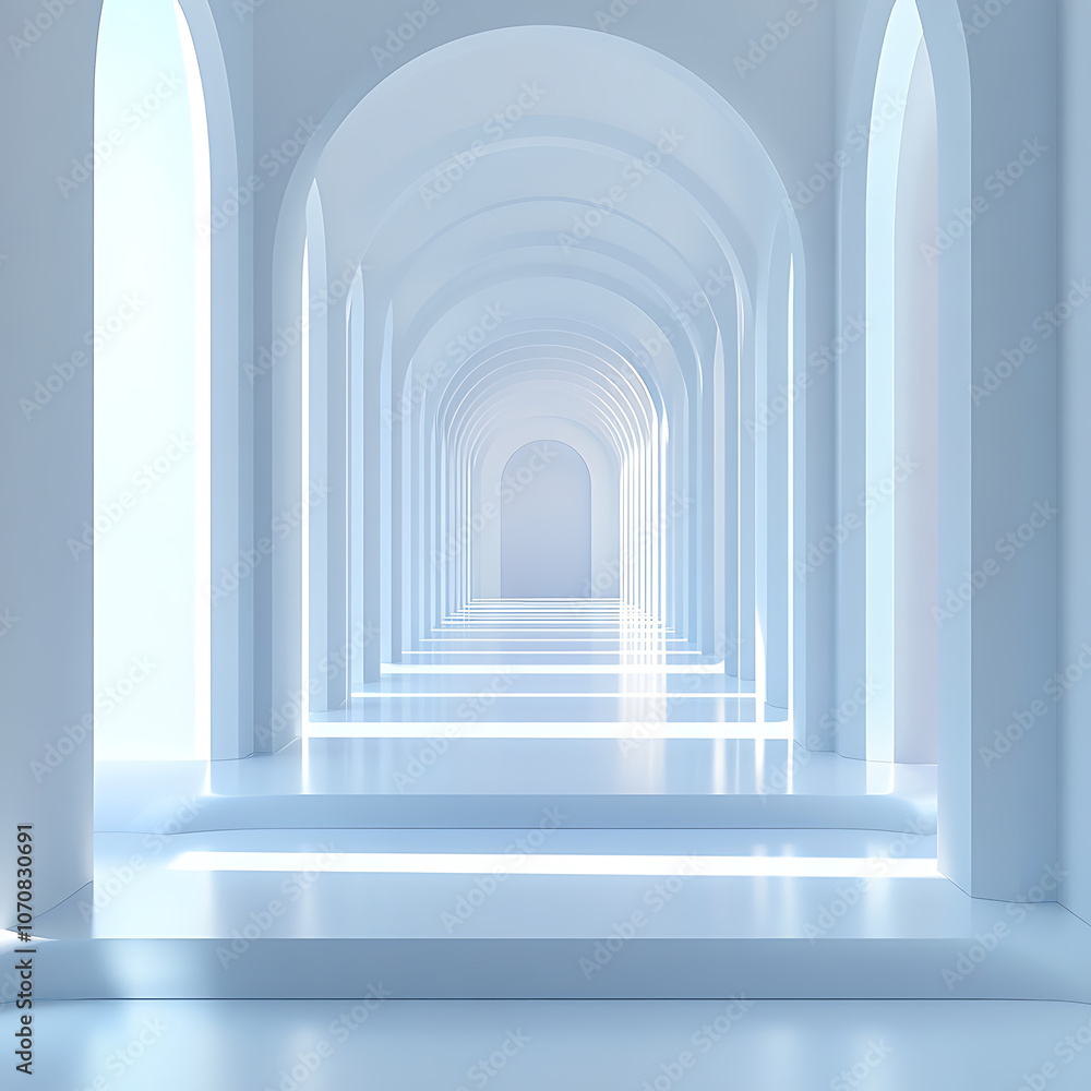 Poster serene and modern architectural space featuring series of white arches and soft lighting, creating t