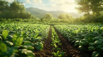 Scenic green vegetables growing in organic sustainable farming fields picture