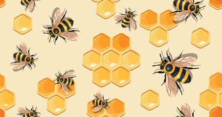 Bee pattern. Honeycomb honey. Yellow  Seamless pattern with bees and honeycombs of different shapes.