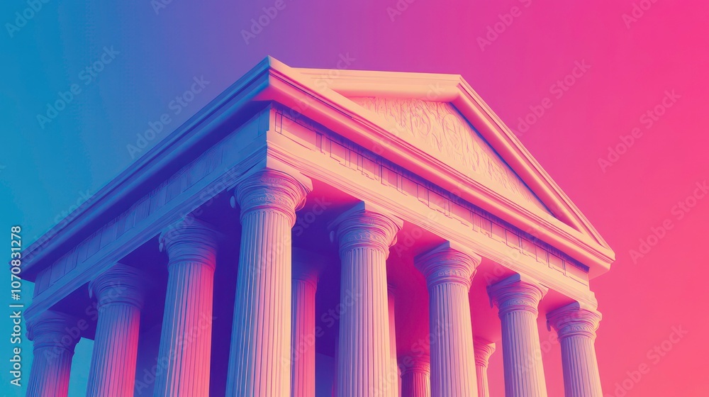 Poster stylized illustration of a classic building with columns, set against a pink and blue gradient backg