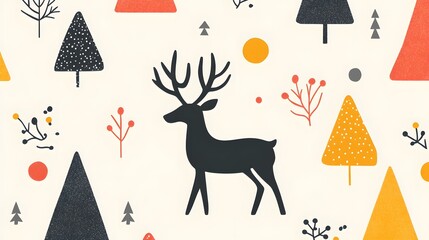 Abstract Minimalist Pattern with a Silhouette of a Deer in a Forest Setting