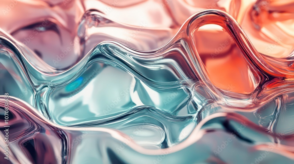 Poster abstract waves of translucent material reflecting light in various colors.