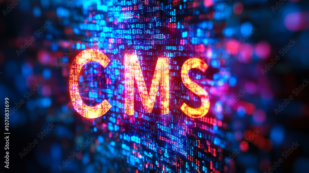 Poster digital binary code forming cms letters for content management system concept