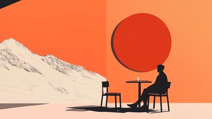 Naklejka premium A minimalist illustration of a person sitting at a table in a serene landscape with an abstract sun.