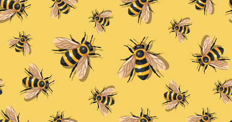Bee pattern. Honeycomb honey. Yellow  Seamless pattern with bees.