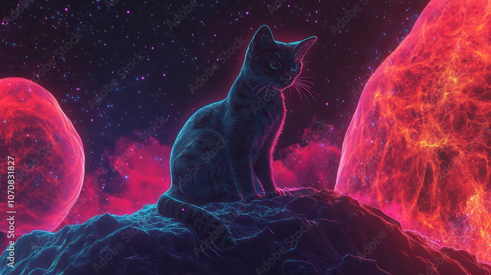 Poster a cat silhouette against a cosmic backdrop with vibrant colors and celestial elements.