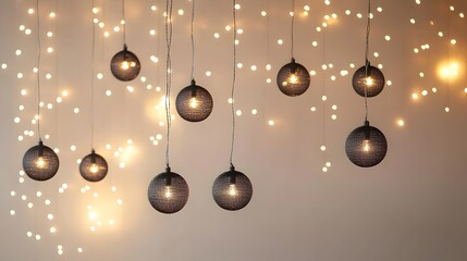 Hanging Spherical Lights with String Lights in a Room