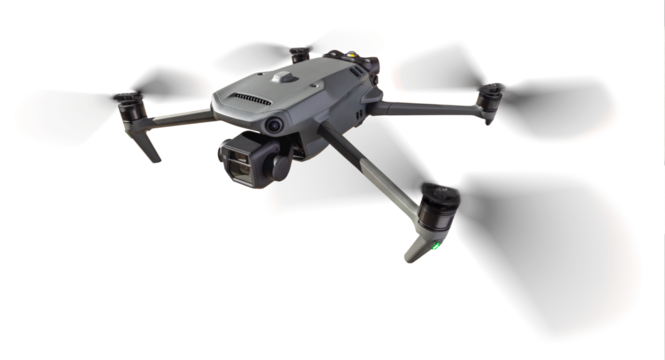 Isolated Front View of a Drone Quadcopter UAV In Flight. Transparent PNG.