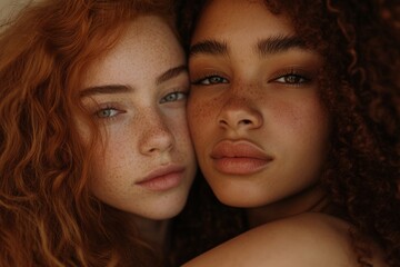 Obraz premium Two beautiful women pose together with natural beauty. One has vibrant red hair while the other has luscious dark curls. This photo captures modern friendship. Generative AI
