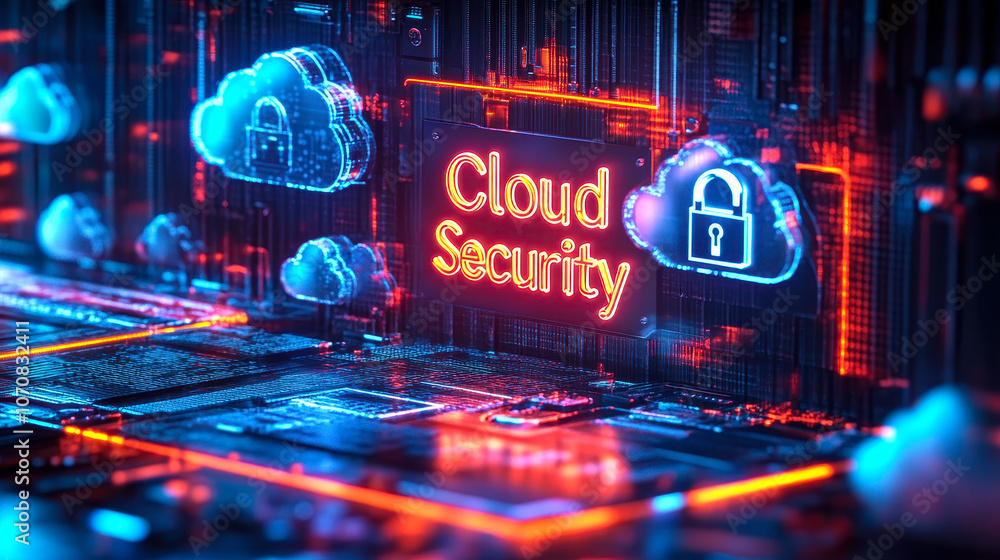 Poster high-tech cloud security banner with digital lock and encryption elements