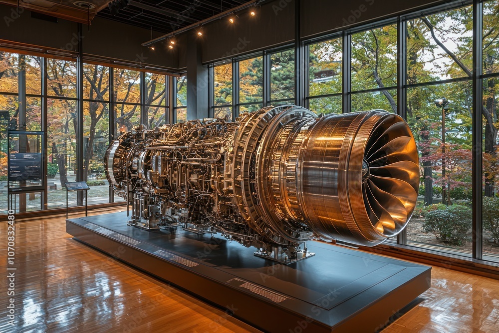 Poster jet engine displayed in a modern museum setting