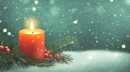 A glowing red candle surrounded by pine branches and berries, with snow falling softly in a winter scene.