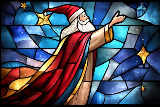 Una imagen estilo vitral que muestra a Santa Claus se&ntilde;alando estrellas en un fondo colorido y celestial, ideal para la temporada navide&ntilde;a.

