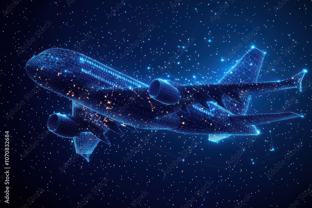 Aufkleber a wireframe airplane with glowing lines and dots in a starry night sky