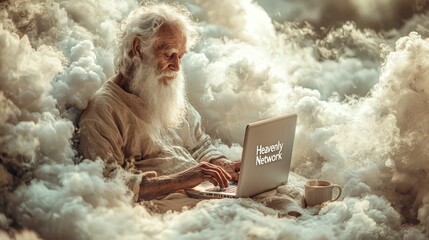 elderly man robe and halo taps laptop while relaxing cloud creating cozy atmosphere illuminated bright midday light cup coffee nearby.