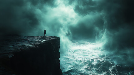 A shadowy figure stands alone at the edge of a cliff, overlooking the dark, restless sea. The gloomy clouds above and the deep blue-black hues around them reflect a deep sense of sadness